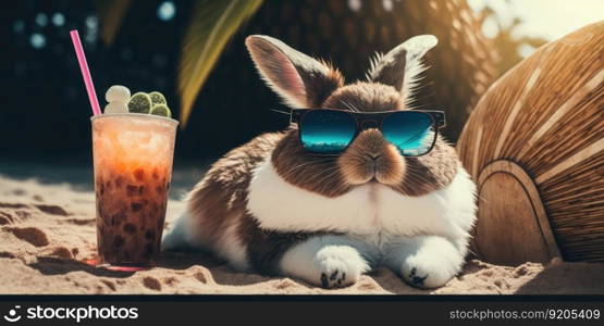 rabbit is on summer vacation at seaside resort and relaxing on summer beach