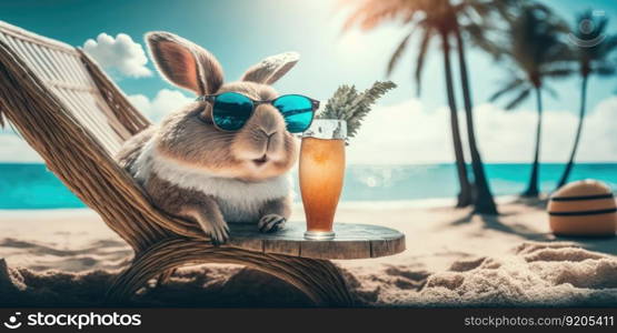 rabbit is on summer vacation at seaside resort and relaxing on summer beach