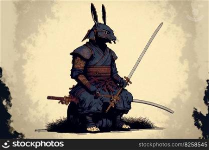 Rabbit samurai in traditional drawing style. Japanese styled art with hare in kimono. Rabbit samurai in traditional drawing style. Japanese styled art with hare warrior in kimonoRabbit samurai in traditional drawing style. Japanese styled art with hare warrior in kimono. Generated AI.