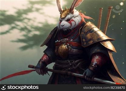 Rabbit samurai in traditional drawing style. Japanese styled art with hare warrior in kimono. Generated AI. Rabbit samurai in traditional drawing style. Japanese styled art with hare warrior in kimono. Generated AI.