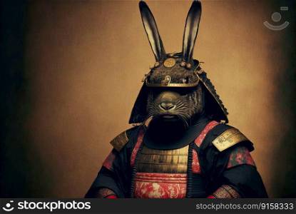 Rabbit samurai in traditional drawing style. Japanese styled art with hare warrior in kimono. Generated AI. Rabbit samurai portrait in traditional vintage photography style. Japanese retro illustration with hare warrior in kimono. Generated AI.