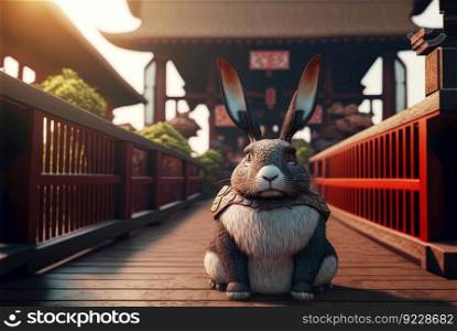 Rabbit samurai in traditional temple. Japanese temple with hare warrior in armor. Generated AI. Rabbit samurai in traditional temple. Japanese temple with hare warrior in armor. Generated AI.