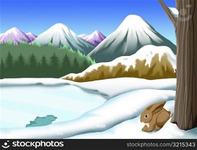 Rabbit sitting near a tree on a snow covered landscape