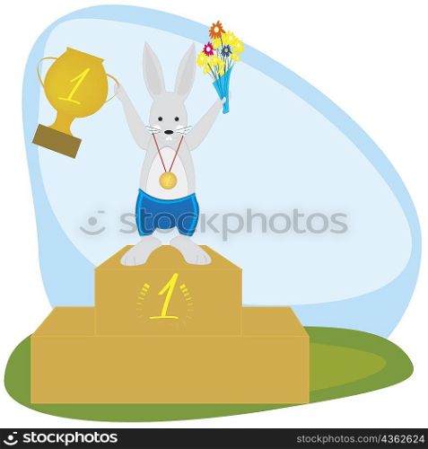 Rabbit standing on a podium with a trophy and a bouquet