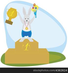 Rabbit standing on a podium with a trophy and a bouquet