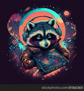 Raccoon dj, disc jockey in headphones playing music on turntable on stage deejay audio equipment. Generative AI. Not based on any actual scene. Raccoon dj on party Generative AI. Not based on any actual scene