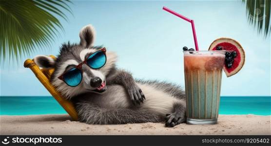 raccoon is on summer vacation at seaside resort and relaxing on summer beach