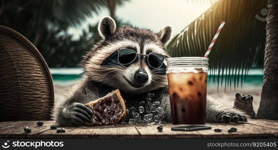 raccoon is on summer vacation at seaside resort and relaxing on summer beach