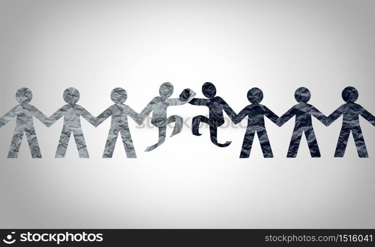 Race relations concept as black and white diverse cultures uniting together as a racial harmony and respect or diversity partnership concept in a 3D illustration style.