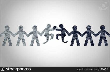 Race relations concept as black and white diverse cultures uniting together as a racial harmony and respect or diversity partnership concept in a 3D illustration style.