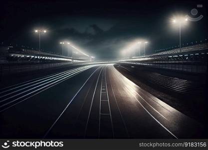 race track at night, with lights illuminating the way and spectators in the stands, created with generative ai. race track at night, with lights illuminating the way and spectators in the stands