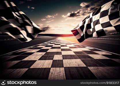 race track, with view of the finish line and checkered flag, created with generative ai. race track, with view of the finish line and checkered flag