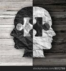 Racial ethnic social issue and equality concept or cultural justice symbol as a black and white crumpled paper shaped as a human head on old rustic wood background with a puzzle piece as a metaphor for social race issues.