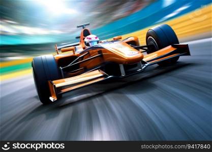 Racing Car at High Speed Passes the Track. Generative ai. High quality illustration. Racing Car at High Speed Passes the Track. Generative ai