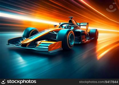 Racing Car at High Speed Passes the Track. Generative ai. High quality illustration. Racing Car at High Speed Passes the Track. Generative ai