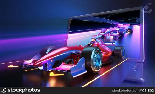 Racing car flying out of laptop screen. Race car with no brand name is designed and modelled by myself. 3D illustration. Racing car flying out of laptop screen