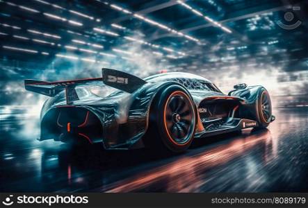 Racing Silver Sports Car on Track with Motion Blur. Generative ai. High quality illustration. Racing Silver Sports Car on Track with Motion Blur. Generative ai