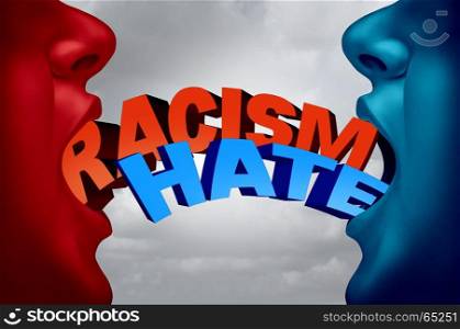 Racism and hate social issue as two racist people in a hate filled argument with text as a society current affair metaphor and symbol for racist intolerance for ethnic minorities with 3D illustration elements.