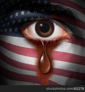 Racism in America and bigotry in the USA concept as the tear of an American minority washing away a flag of the United States painted on a face as a civil rights and discrimination metaphor in a 3D illustration style.