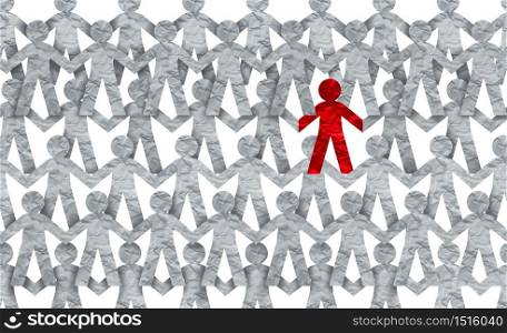 Racism symbol or individuality icon or a contagious and infectios person self isolating or social distancing issue in a crowd.