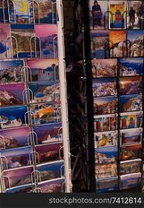 Rack of postcards in Santorini Greece
