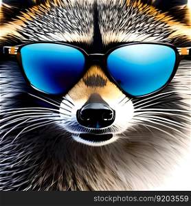 Racoon with big sunglasses portrait close-up. Generative AI