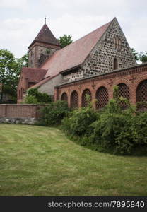 Radensleben-Dorfkirche-Campo. Radensleben is located along Route 164 (L164) between Wustrau and Herzberg north-west of Berlin. The place belongs since 1993 to Neuruppin - medieval village church with Campo Santo