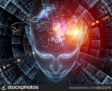 Radiating Mind series. 3D rendering of wire-mesh model of human head and fractal pattern with metaphorical relationship to human mind, artificial intelligence and virtual reality