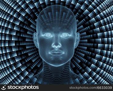Radiating Mind series. 3D rendering of wire-mesh model of human head and fractal pattern as a concept metaphor on subject of human mind, artificial intelligence and virtual reality