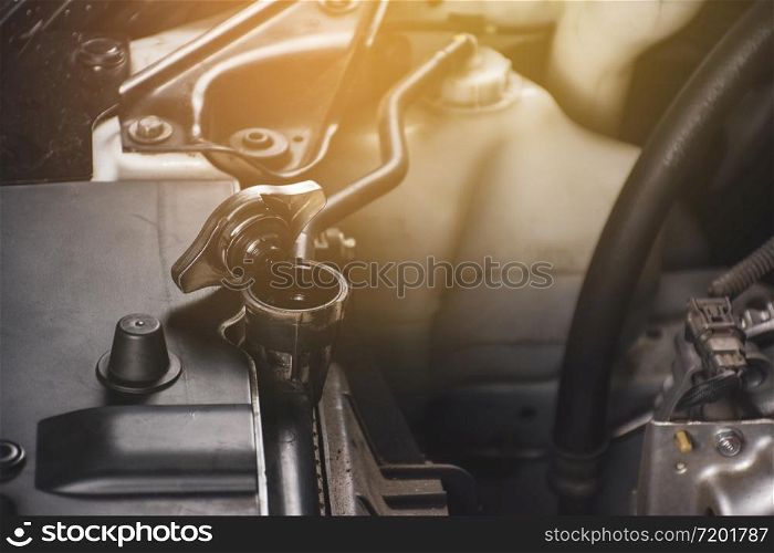 Radiator cap is opened place on radiator of a car,Automotive part concept.