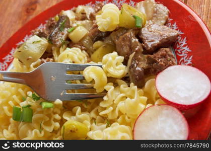 Radiatori - Pasta italian cuisine with beef and mushrooms