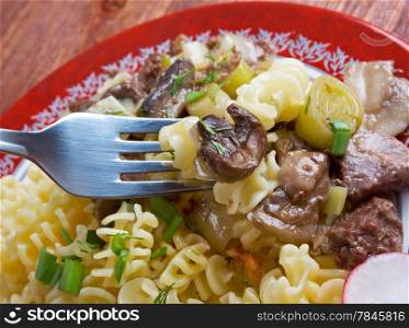Radiatori - Pasta italian cuisine with beef and mushrooms