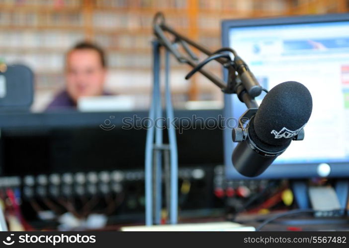 radio station indoor and microphone