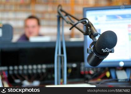 radio station indoor and microphone