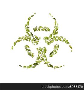 Radioactive symbol from green leaf on a white background. Concept of environmental protection. Flat lay. Floral composition with little green leaves of radioactive sign, symbol on a white background