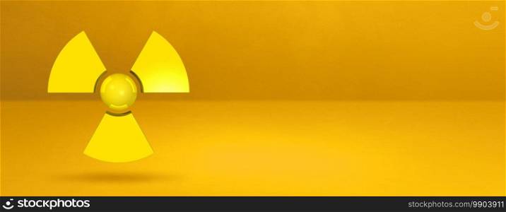 Radioactive symbol isolated on a yellow studio background banner. 3D illustration. Radioactive symbol on a yellow studio background banner