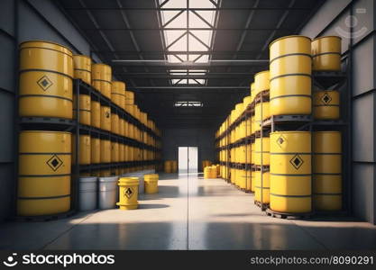 Radioactive waste in barrels, nuclear waste repository. Neural network AI generated art. Radioactive waste in barrels, nuclear waste repository. Neural network generated art