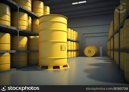 Radioactive waste in barrels, nuclear waste repository. Neural network AI generated art. Radioactive waste in barrels, nuclear waste repository. Neural network generated art