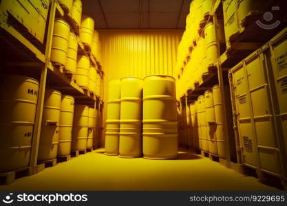 Radioactive waste in barrels, nuclear waste repository. Neural network AI generated art. Radioactive waste in barrels, nuclear waste repository. Neural network generated art