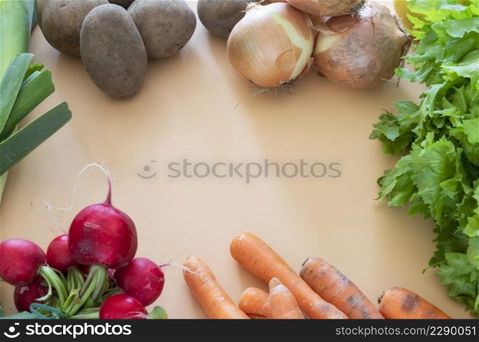 radish bunch and other organic vegetale on orange background
