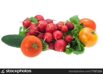 radish, cucumber and tomato isolated on white