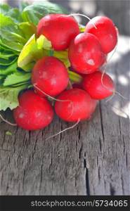Radishes on rustic wooden background