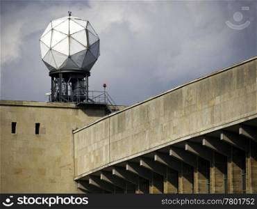 Radome. Radar dome on the roof of the terminal building of the Tempelhof Airport, Berlin, Germany