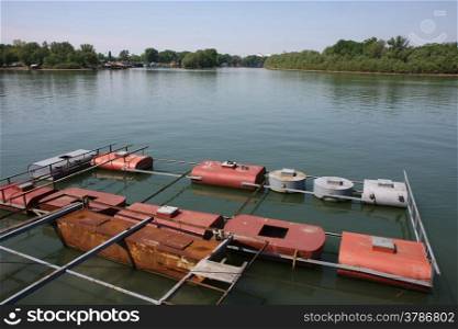 Raft for cottage on the confluence of Sava river to Danube in Belgrade,Serbia