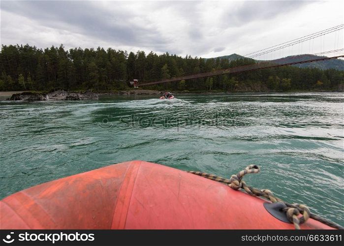 Rafting and boating on the Katun River in the Altai in Russia. First-person view.. Rafting and boating on the Katun River