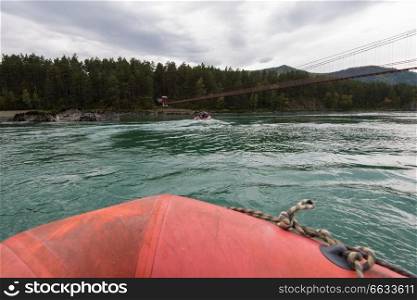 Rafting and boating on the Katun River in the Altai in Russia. First-person view.. Rafting and boating on the Katun River