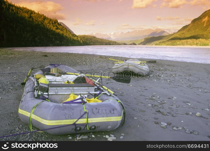 Rafts Pulled Up on Bank of Copper River