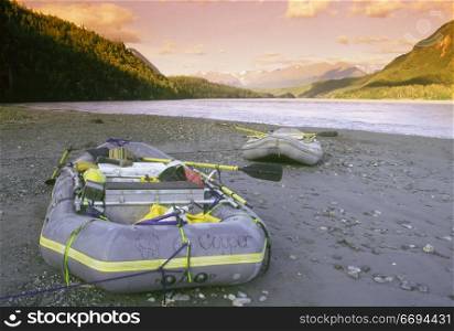 Rafts Pulled Up on Bank of Copper River