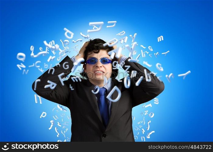 Rage and aggression. Image of depressed businessman tearing his hair