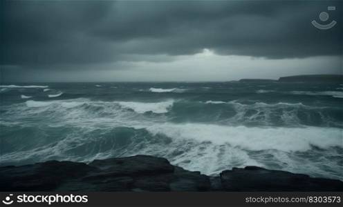 raging ocean waves in cloudy weather, stormy sea generative ai.